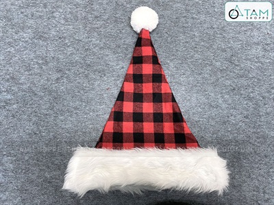 Nón Noel vải sọc Caro Đỏ Đen viền lông thú [Dày dặn - ĐK 32cm] NON-X-06